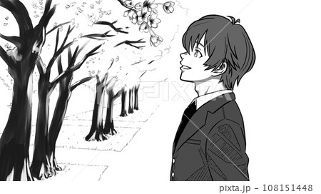 桜を見る男子生徒の横顔・桜並木（モノクロ） 108151448