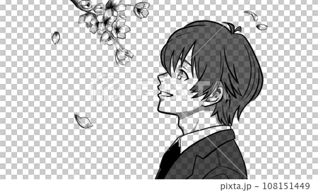 看櫻花的男學生側影，櫻花（單色） 108151449