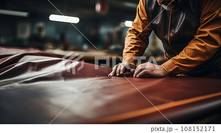 Tailor cobbler hold different rolls natural brown leather, working with textile in workshop. Generative AI Tailor cobbler hold different rolls natural brown leather, working with textile in workshop. Generative AI 108152171