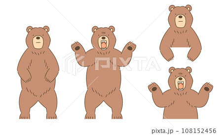 ヒグマのベクターイラストセット。正面を向いて立っているポーズと両手を上げて襲うポーズ。 ヒグマのベクターイラストセット。正面を向いて立っているポーズと両手を上げて襲うポーズ。 108152456