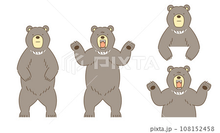 ツキノワグマのベクターイラストセット。正面を向いて立っているポーズと両手を上げて襲うポーズ。 ツキノワグマのベクターイラストセット。正面を向いて立っているポーズと両手を上げて襲うポーズ。 108152458