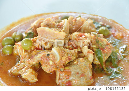 spicy fried pork bone with eggplant in coconut milk curry on plate spicy fried pork bone with eggplant in coconut milk curry on plate 108153125