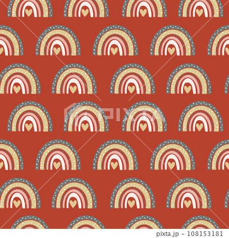 Illustration of a cartoon seamless pattern of rainbows in brown pink color on a brown background 108153181