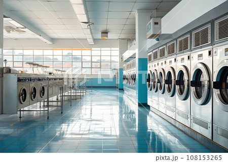 A row of industrial washing machines in a public laundromat. A row of industrial washing machines in a public laundromat. 108153265