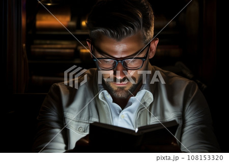 Handsome hipster guy wearing classic spectacles using smartphone gadget for checking messages in a dark mysterious room. Serious Caucasian man browsing social media. Phone screen illuminates his face. 108153320