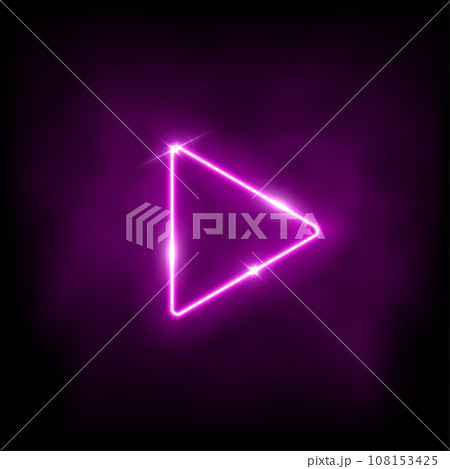 Neon purple play button 3d vector illustration. Abstract shiny circle ring on black background with glowing triangle. Play icon, Press to start. Multimedia, audio, video, cinema, music 108153425