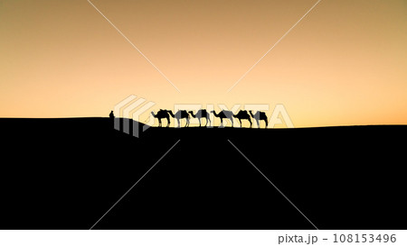 Silhouette of two unidentified Berber men leading a camel caravan across sand dunes during sunset in Sahara Desert, Morocco 108153496