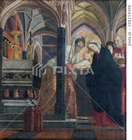 Presentation in the Temple on the main altar in Parish church in St. Wolfgang on Wolfgangsee in Austria Presentation in the Temple on the main altar in Parish church in St. Wolfgang on Wolfgangsee in Austria 108154006