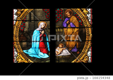 Nativity Scene, Birth of Jesus, stained glass in Zagreb cathedral Nativity Scene, Birth of Jesus, stained glass in Zagreb cathedral 108154348