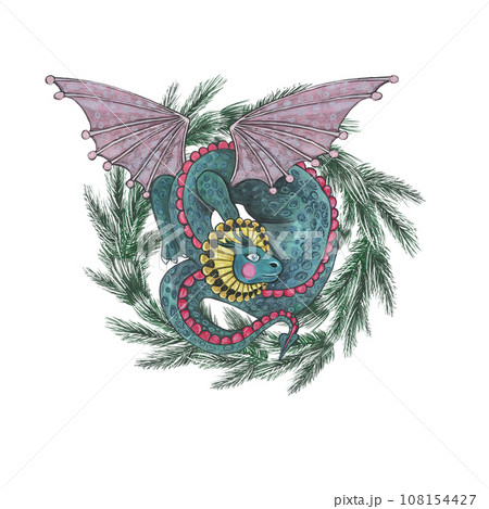 Cute dragon princess in a New Year's wreath. Christmas watercolor illustration. Suitable for children's products, fabrics, clothing, gifts, decor, cards Cute dragon princess in a New Year's wreath. Christmas watercolor illustration. Suitable for children's products, fabrics, clothing, gifts, decor, cards 108154427