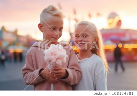 Hairless girl and albino boy happily eat cotton candy in amusement park, Blur of park in background Presunset light adds warmth Hairless girl and albino boy happily eat cotton candy in amusement park, Blur of park in background Presunset light adds warmth 108154581
