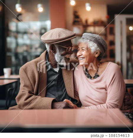 Elderly interracial couple enjoying a coffee date in a cozy cafe 108154613