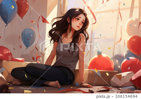 An 18 year old child sits amidst a messy room after their birthday celebration Balloons are deflating, gifts are scattered, and the child appears slightly sad - anime illustration An 18 year old child sits amidst a messy room after their birthday celebration Balloons are deflating, gifts are scattered, and the child appears slightly sad - anime illustration 108154694