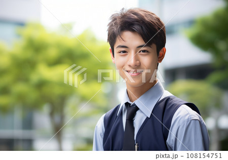 A young man, approximately 17-18 years old, of Asian descent, dressed in a suit with a tie, smiles as he looks into the camera against a background of green trees and a building. Portrait, close-up 108154751