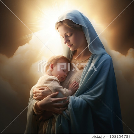 The Virgin Mary holding an infant in her arms, bathed in sunlight 108154782