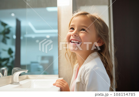 7 year old girl smiles in the mirror, examining her fallen tooth and missing teeth Joyful moment 108154785