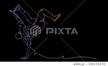 Breakdance, street dance vector illustration. One continuous line art drawing of breakdance pose. Colorful image on black background Breakdance, street dance vector illustration. One continuous line art drawing of breakdance pose. Colorful image on black background 108156230