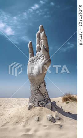 Dead hand made of marble protruding of ground desert 108156340