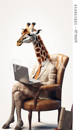 Funny giraffe sits in chair and types on laptop. 108156414