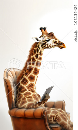 Funny giraffe sits in chair and types on laptop. 108156426