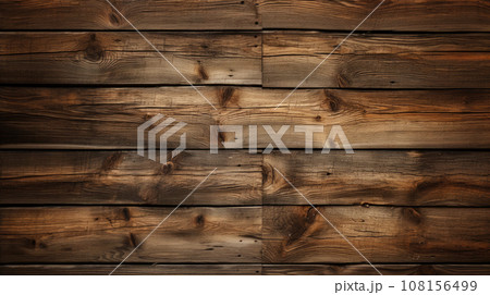 Wooden texture in dark colors. Wooden boards of natural dark walnut wood color with knots and grains 108156499