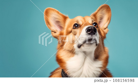 Advertising portrait, banner, carefully looking up redhead welsh corgi dog, serious look, isolated on blue background Advertising portrait, banner, carefully looking up redhead welsh corgi dog, serious look, isolated on blue background 108156598