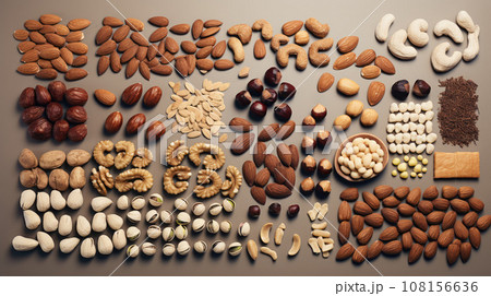 A set of different types of nuts in a top view on the table. Advertising shot of guests of nuts grouped in heaps A set of different types of nuts in a top view on the table. Advertising shot of guests of nuts grouped in heaps 108156636