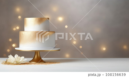 Advertising shot of a white and golden decorations wedding cake, isolated on gray background with lights Advertising shot of a white and golden decorations wedding cake, isolated on gray background with lights 108156639