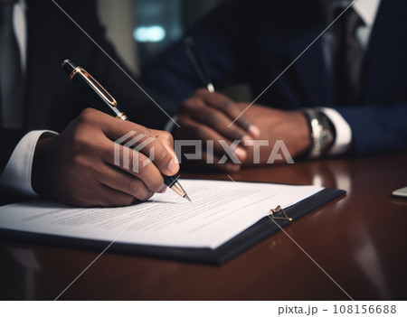 Two businessmen in suits holding a pen and signing documents on a dark wooden table 108156688