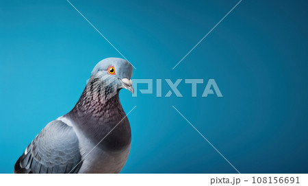 Advertising portrait, banner, classic color pidgeon, straight look, isolated on blue background 108156691