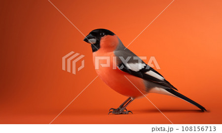 Advertising portrait, banner, small red bird bullfinch looks to the left, isolated on red background 108156713