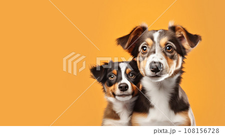 Advertising portrait, banner, funny mother and puppy australian shepherd dogs, straight look to the camera, isolated on yellow background Advertising portrait, banner, funny mother and puppy australian shepherd dogs, straight look to the camera, isolated on yellow background 108156728