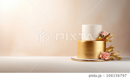 Advertising shot of a two layered white and golden wedding cake, isolated on light yllow background Advertising shot of a two layered white and golden wedding cake, isolated on light yllow background 108156797