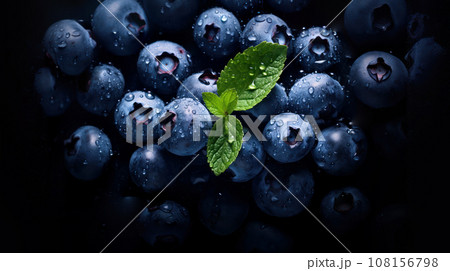 Fresh blueberries ripe with grean leaf and water drops in top view isolated on dark background Fresh blueberries ripe with grean leaf and water drops in top view isolated on dark background 108156798