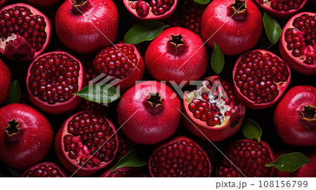 Many juicy, fresh, red pomegranate fruits with green leaves and water drops in top view Many juicy, fresh, red pomegranate fruits with green leaves and water drops in top view 108156799
