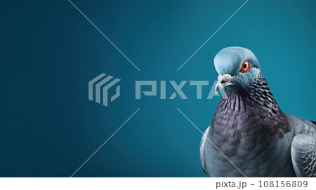 Advertising portrait, banner, classic color pidgeon with serious look and yellow eyes looks straight, isolated on blue background 108156809