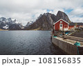 Norway rorbu houses and mountains rocks over fjord landscape scandinavian travel view Lofoten islands. Natural scandinavian landscape. 108156835