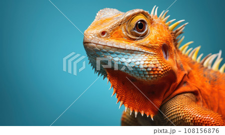 Advertising portrait, banner, colorful redhead orange tone lizard looks straight , isolated on blue background Advertising portrait, banner, colorful redhead orange tone lizard looks straight , isolated on blue background 108156876
