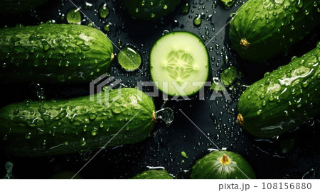 Fresh perfect cucumbers, whole and pieces with water drops on a cutting board in top view. High detail aerial photography 108156880