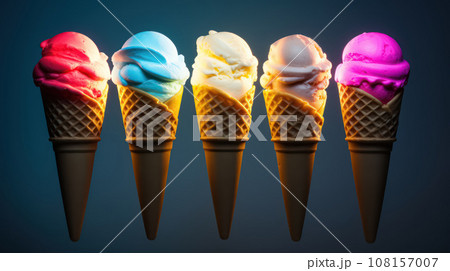 Advertising shot, multicolored illuminated ice cream balls in cones in a row, isolated on dark gray background Advertising shot, multicolored illuminated ice cream balls in cones in a row, isolated on dark gray background 108157007