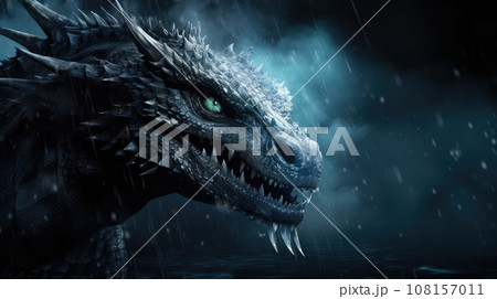 Frozen water dragon head, with cold eyes on dark dramatic background. Dark skin and sharp thorns Frozen water dragon head, with cold eyes on dark dramatic background. Dark skin and sharp thorns 108157011