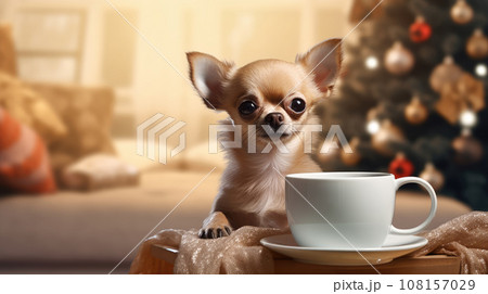Chihuahua dog sitting with a cup of coffee on the table and christmas tree decor on the background 108157029