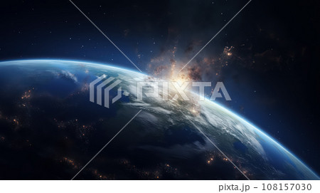 Panet earth from the space with blue energy waves around and light peeking out. Universe science astronomy space dark background wallpaper 108157030