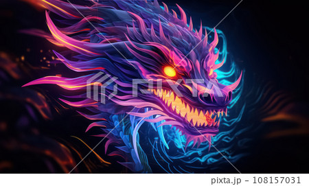 Colorful abstract neon dragons head with fiery eyes, art illustration on dark background Colorful abstract neon dragons head with fiery eyes, art illustration on dark background 108157031