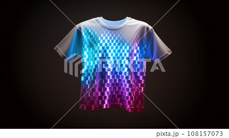 Advertising shot of white t-shirt, illuminated with neon light, isolated on black background Advertising shot of white t-shirt, illuminated with neon light, isolated on black background 108157073