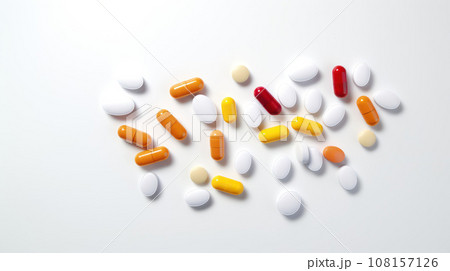 Colorful pills and capsules. Minimal medical concept. Flat lay, top view on light gray background 108157126