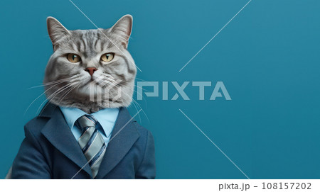 Advertising portrait, banner, serious classic gray cat business big boss in suit with a tie isolated on blue background 108157202