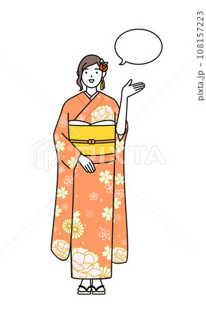 ふきだしつき、案内をする振袖姿の女性、お正月の初詣や成人式、卒業式や結婚式などで 108157223
