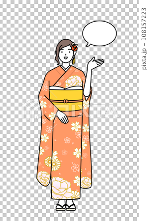 ふきだしつき、案内をする振袖姿の女性、お正月の初詣や成人式、卒業式や結婚式などで 108157223