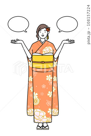 ふきだしつき、比較をする振袖姿の女性、お正月の初詣や成人式、卒業式や結婚式などで 108157224